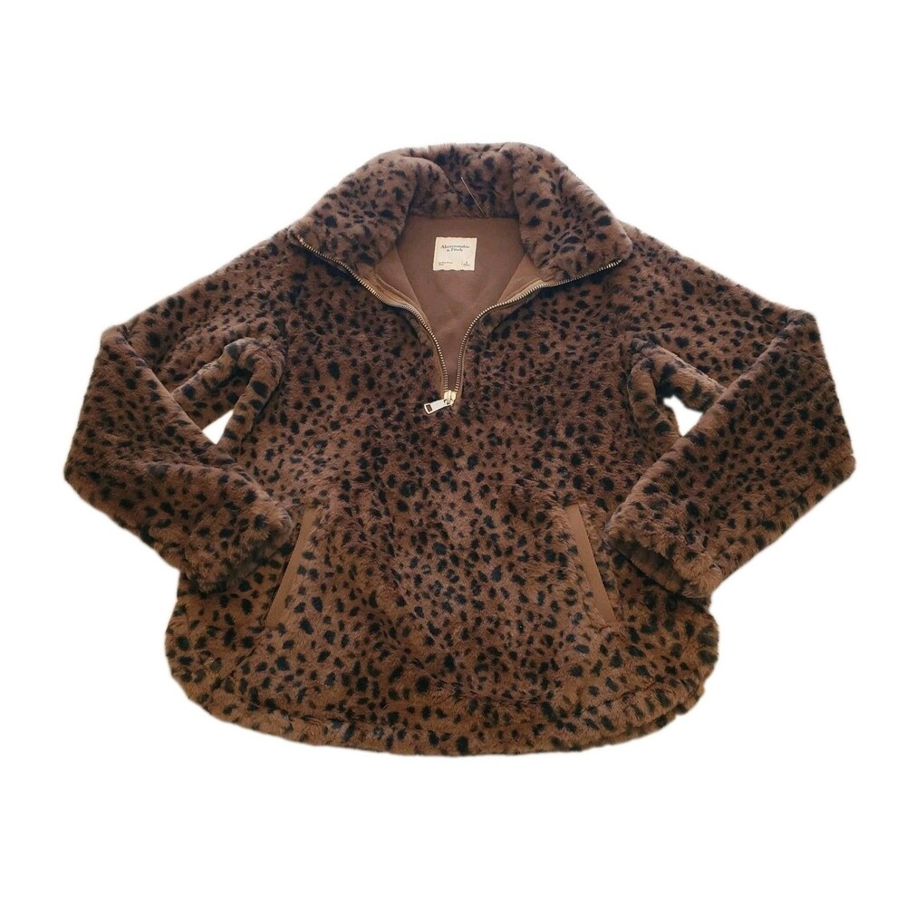 Abercrombie Fitch Womens Heavy Faux Fur 1/4 Zip Pull Over Sz Small Animal Print